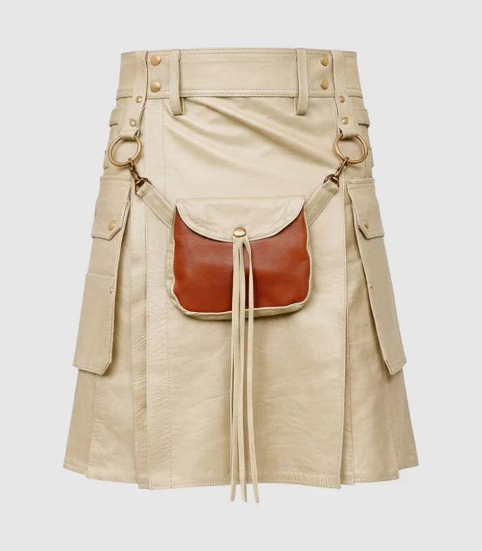 Beige  Cream Leather Kilt Front