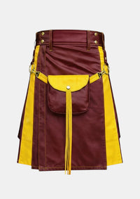 Burgundy and Yellow Leather Hybrid Utility Kilt