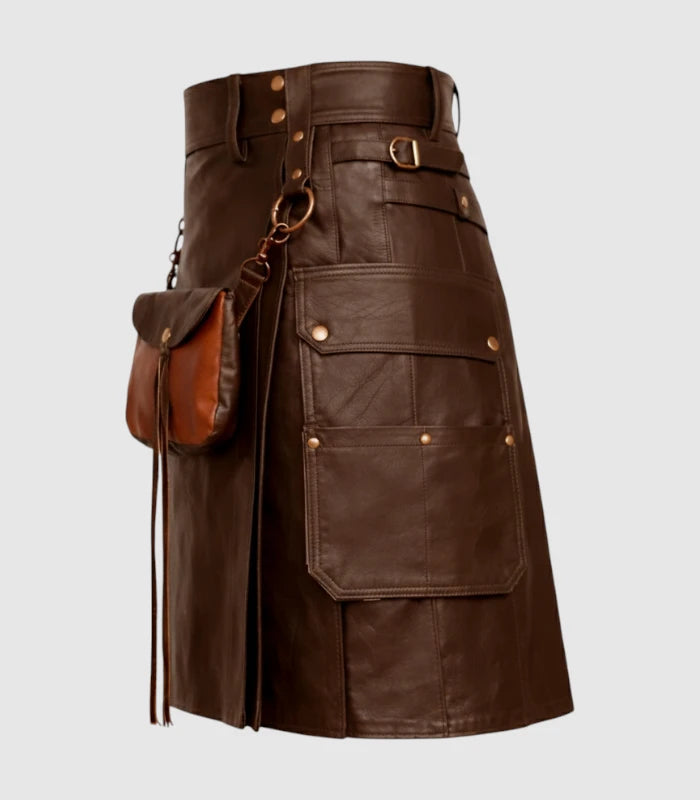 Chocolate Brown Leather Kilt Left Side