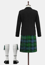 Traditional Scottish outfit with black jacket, Hogg Dress plaid kilt, and white knee-high socks on a mannequin.