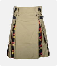 Khaki Cotton Buchanan Tartan Scottish Utility Cargo Hybrid Kilt