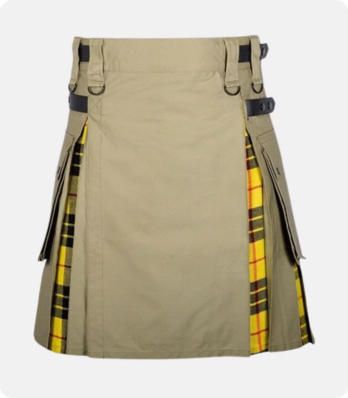 Khaki Cotton Mecleod of Lewis Tartan Scottish Utility Cargo Hybrid Kilt