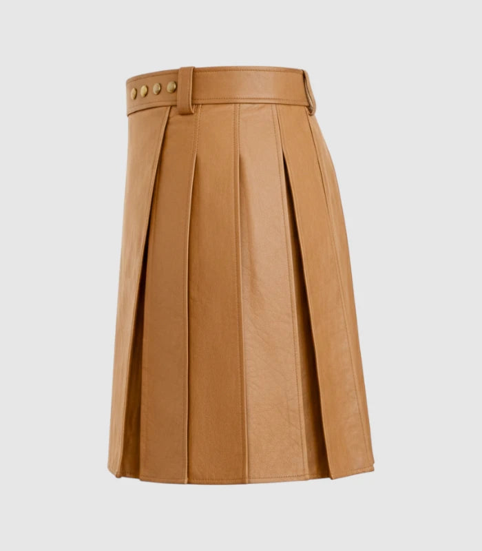 Plain Camel Leather Kilt Left Side