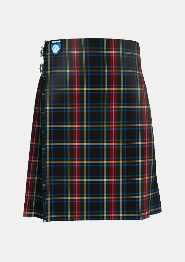 Traditional_Black_Stewart_tartan_front_image_with_pleated_design_and_adjustable_buckles_for_men