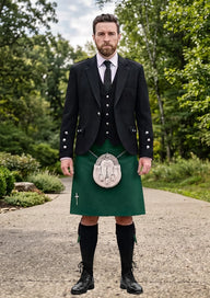Traditional_Solid_Green_Tartan_Kilt_and_Argyle_Jacket_Kilt_Outfit_front_image