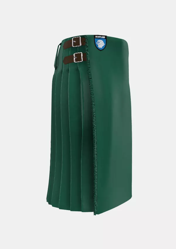 Traditional_Solid_Green_Tartan_kilt_right_image_with_pleated_design_and_adjustable_buckles_for_men