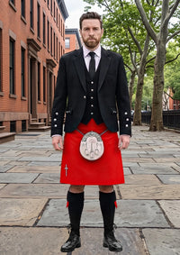 Traditional_Solid_Red_Tartan_Kilt_and_Argyle_Jacket_Kilt_Outfit_front_image