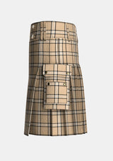 Utility_Beige_tartan_kilt_left_image_with_pleated_design_and_adjustable_buckles_for_men