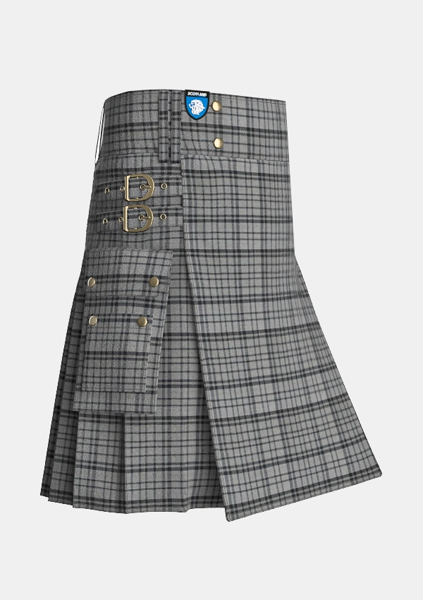 Utility_Black_Shadow_Tartan_kilt_side_image_with_pleated_design_and_adjustable_buckles_for_men