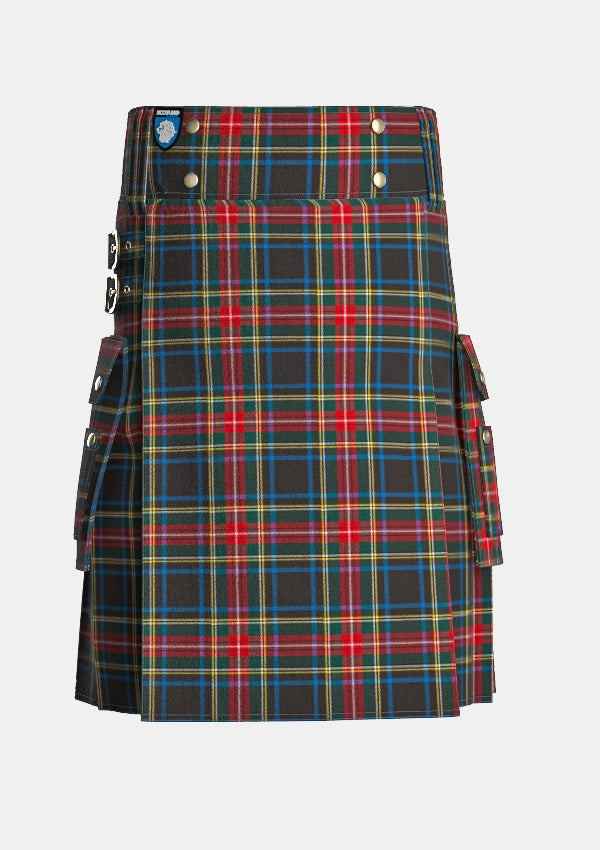 Utility_Black_Stewart_tartan_kilt_front_image_with_pleated_design_and_adjustable_buckles_for_men