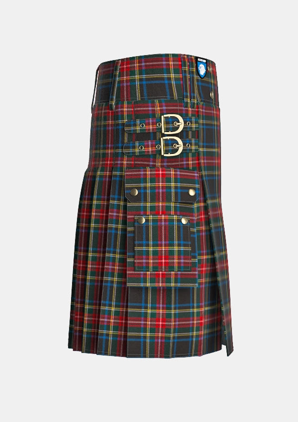 Utility_Black_Stewart_tartan_kilt_right_image_with_pleated_design_and_adjustable_buckles_for_men