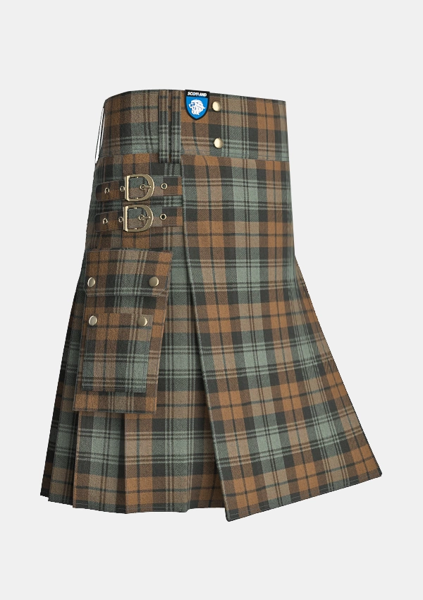 Utility_Black_Watch_Weathered_Tartan_kilt_side_image_with_pleated_design_and_adjustable_buckles_for_men