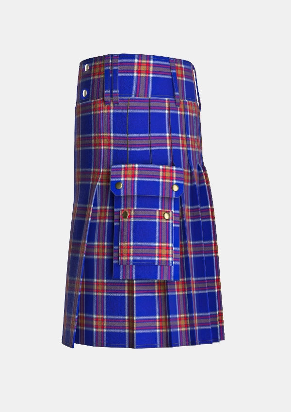 Utility_Blue_Rust_Tartan_kilt_left_image_with_pleated_design_and_adjustable_buckles_for_men