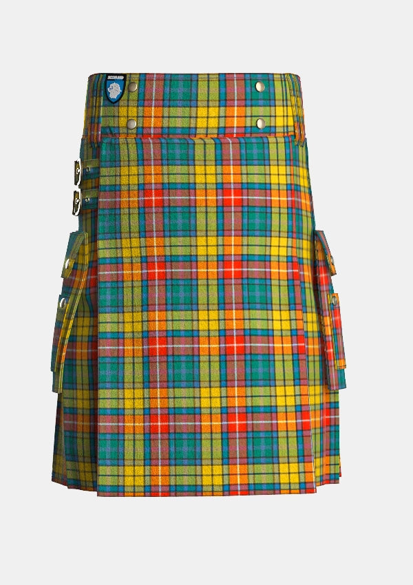 Utility_Buchanan_Ancient_tartan_151_kilt_front_image_with_pleated_design_and_adjustable_buckles_for_men