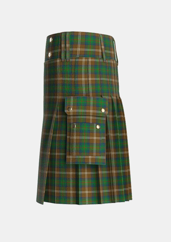 Utility_Chisholm_Hunting_Tartan_1458_kilt_left_image_with_pleated_design_and_adjustable_buckles_for_men