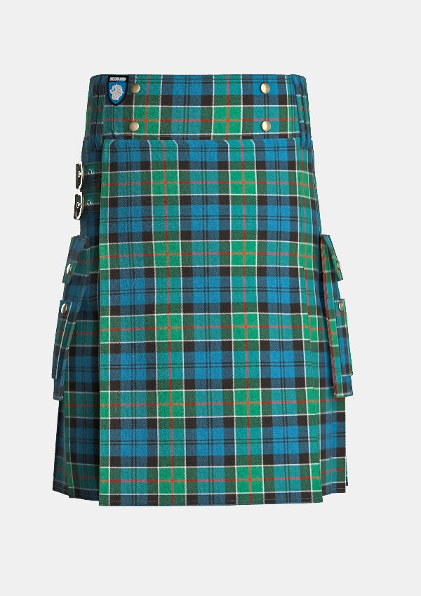 Utility_Colquhoun_Ancient_Tartan_kilt_front_image_with_pleated_design_and_adjustable_buckles_for_men