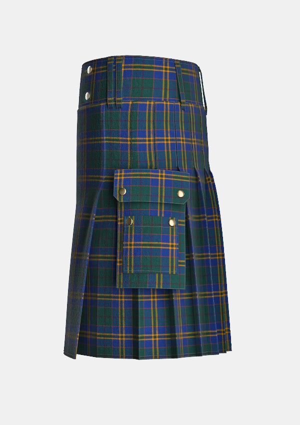 Utility_County_Kilkenny_Tartan_kilt_left_image_with_pleated_design_and_adjustable_buckles_for_men