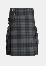 Utility_Dark_Grey_Highlander_Tartan_kilt_front_image_with_pleated_design_and_adjustable_buckles_for_men