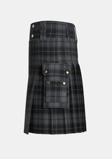 Utility_Dark_Grey_Highlander_Tartan_kilt_left_image_with_pleated_design_and_adjustable_buckles_for_men