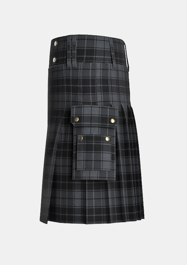 Utility_Dark_Grey_Highlander_Tartan_kilt_left_image_with_pleated_design_and_adjustable_buckles_for_men