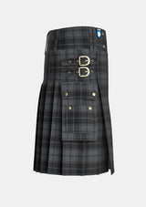 Utility_Dark_Grey_Highlander_Tartan_kilt_right_image_with_pleated_design_and_adjustable_buckles_for_men