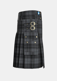 Utility_Dark_Grey_Highlander_Tartan_kilt_right_image_with_pleated_design_and_adjustable_buckles_for_men