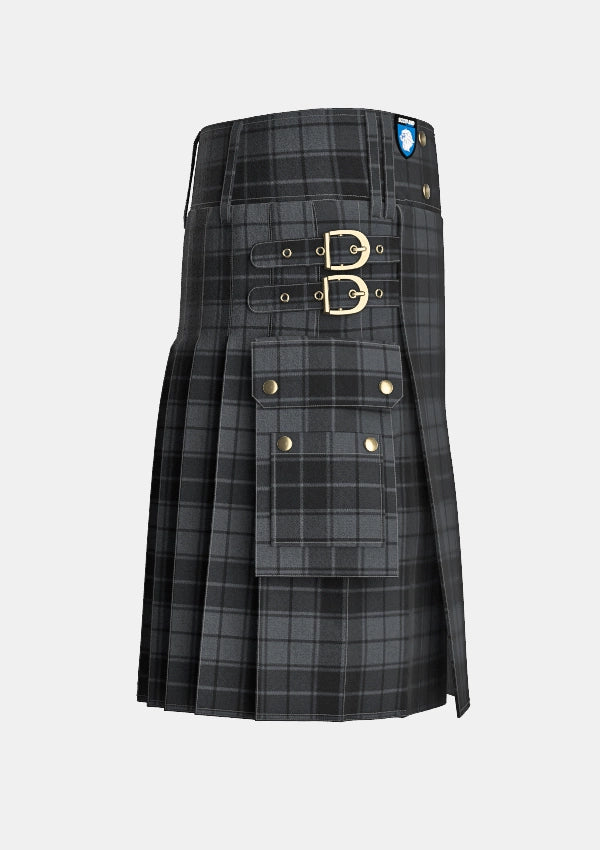Utility_Dark_Grey_Highlander_Tartan_kilt_right_image_with_pleated_design_and_adjustable_buckles_for_men