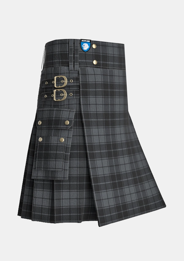 Utility_Dark_Grey_Highlander_Tartan_kilt_side_image_with_pleated_design_and_adjustable_buckles_for_men