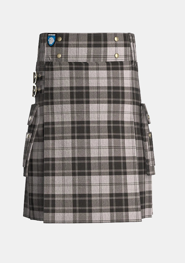 Utility_Douglas_Gray_Tartan_kilt_front_image_with_pleated_design_and_adjustable_buckles_for_men