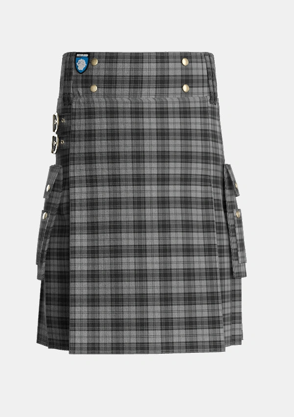 Utility_Douglas_Grey_Vestiarium_Scoticum_Tartan_1127_kilt_front_image_with_pleated_design_and_adjustable_buckles_for_men