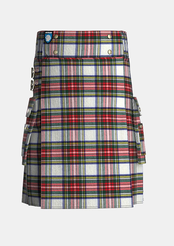 Utility_Dress_Stewart_Tartan_kilt_front_image_with_pleated_design_and_adjustable_buckles_for_men