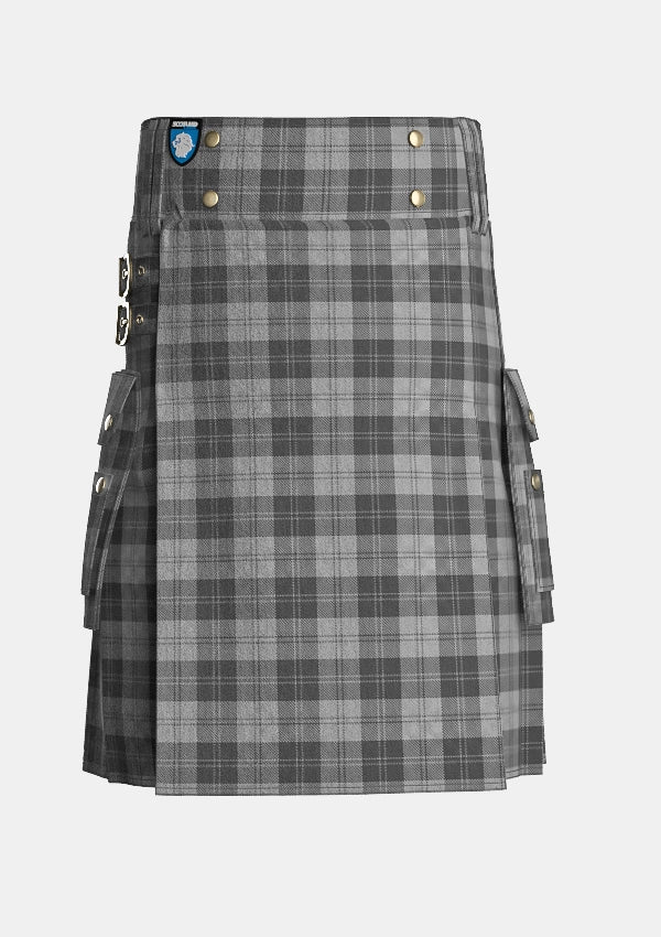 Utility_Erskine_Grey_Tartan_kilt_front_image_with_pleated_design_and_adjustable_buckles_for_men