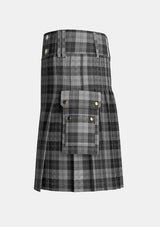 Utility_Erskine_Grey_Tartan_kilt_left_image_with_pleated_design_and_adjustable_buckles_for_men