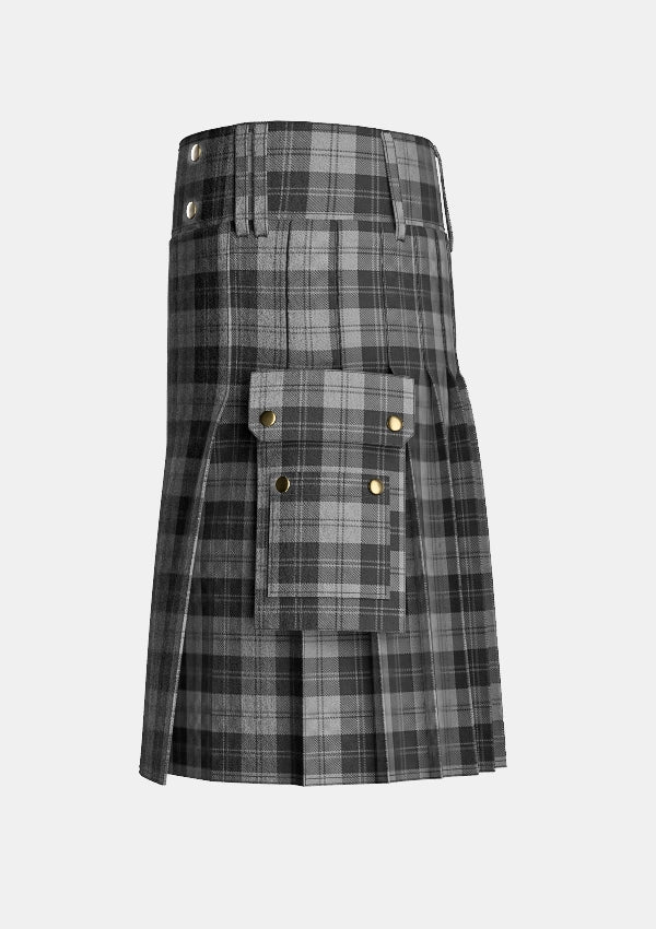 Utility_Erskine_Grey_Tartan_kilt_left_image_with_pleated_design_and_adjustable_buckles_for_men