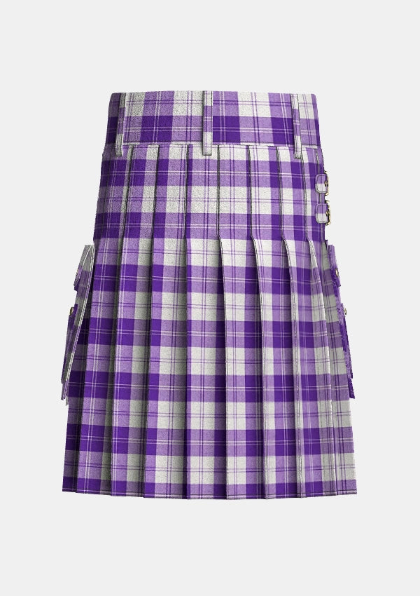Utility_Erskine_Purple_Tartan_kilt_back_image_with_pleated_design_and_adjustable_buckles_for_men