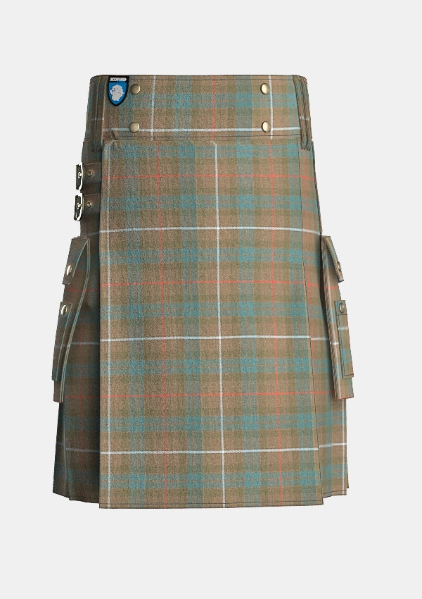 Utility_Fraser_Weathered_Tartan_kilt_front_image_with_pleated_design_and_adjustable_buckles_for_men
