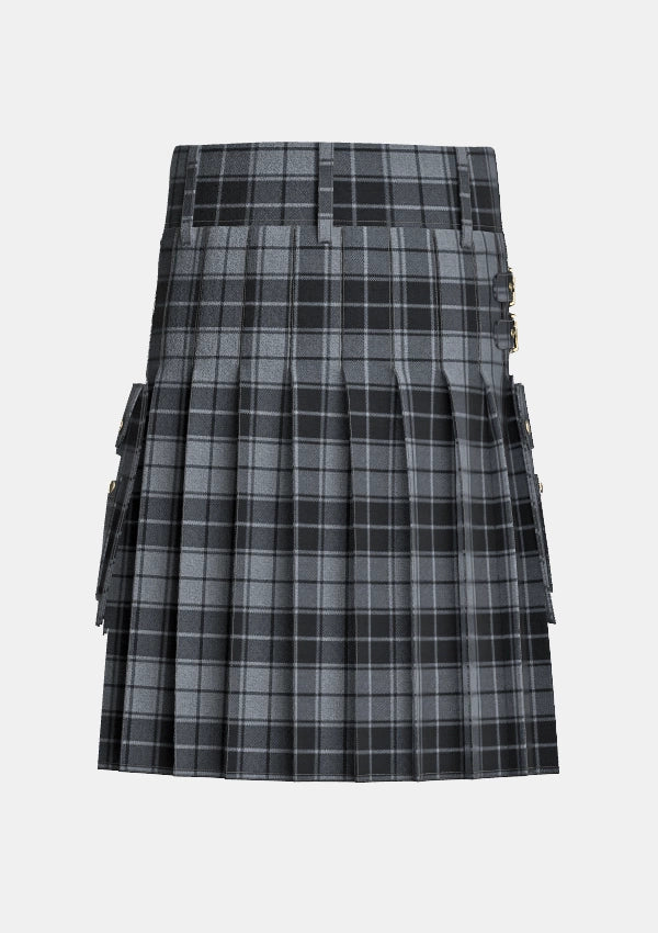 Utility_Grey_Highlander_Tartan_kilt_back_image_with_pleated_design_and_adjustable_buckles_for_men