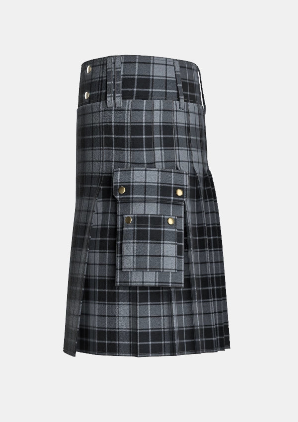Utility_Grey_Highlander_Tartan_kilt_left_image_with_pleated_design_and_adjustable_buckles_for_men