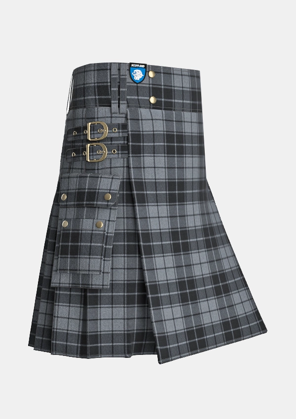 Utility_Grey_Highlander_Tartan_kilt_side_image_with_pleated_design_and_adjustable_buckles_for_men