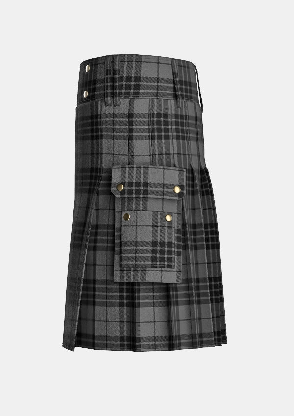 Utility_Grey_Spirit_tartan_6594_kilt_left_image_with_pleated_design_and_adjustable_buckles_for_men