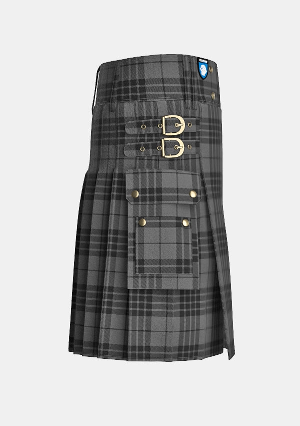 Utility_Grey_Spirit_tartan_6594_kilt_right_image_with_pleated_design_and_adjustable_buckles_for_men