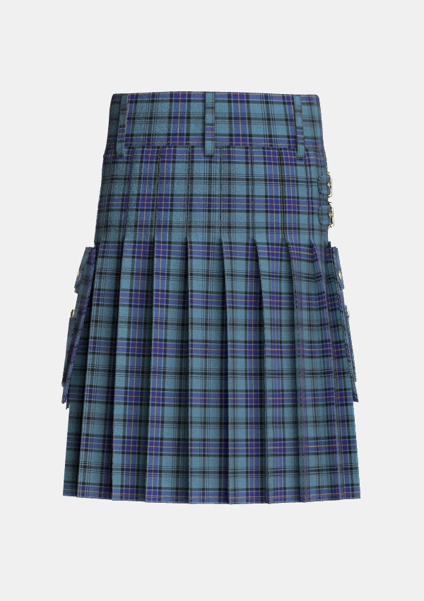 Utility_Hannay_Blue_Tartan_6509_kilt_back_image_with_pleated_design_and_adjustable_buckles_for_men