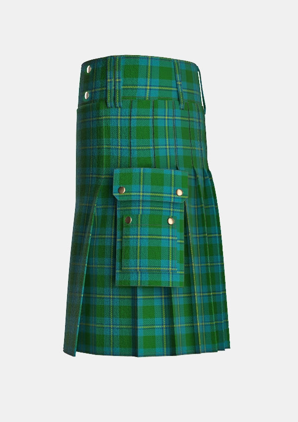 Utility_Irving_of_Bonshaw_tartan_2609_kilt_left_image_with_pleated_design_and_adjustable_buckles_for_men