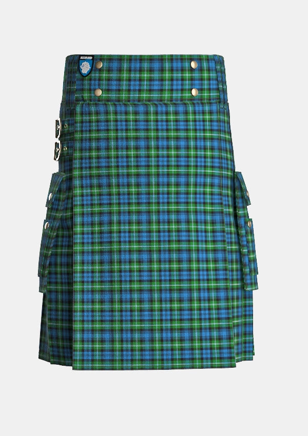 Utility_Lyon_Ancient_Tartan_kilt_front_image_with_pleated_design_and_adjustable_buckles_for_men