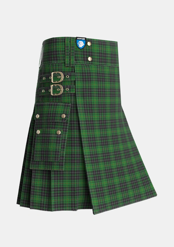 Utility_MacAulay_Hunting_2_Tartan_827_kilt_side_image_with_pleated_design_and_adjustable_buckles_for_men