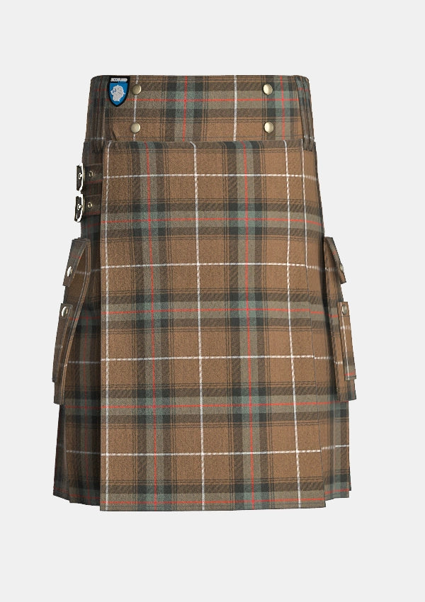 Utility_MacDonald_of_the_Isles_Hunting_Weathered_Tartan_kilt_front_image_with_pleated_design_and_adjustable_buckles_for_men