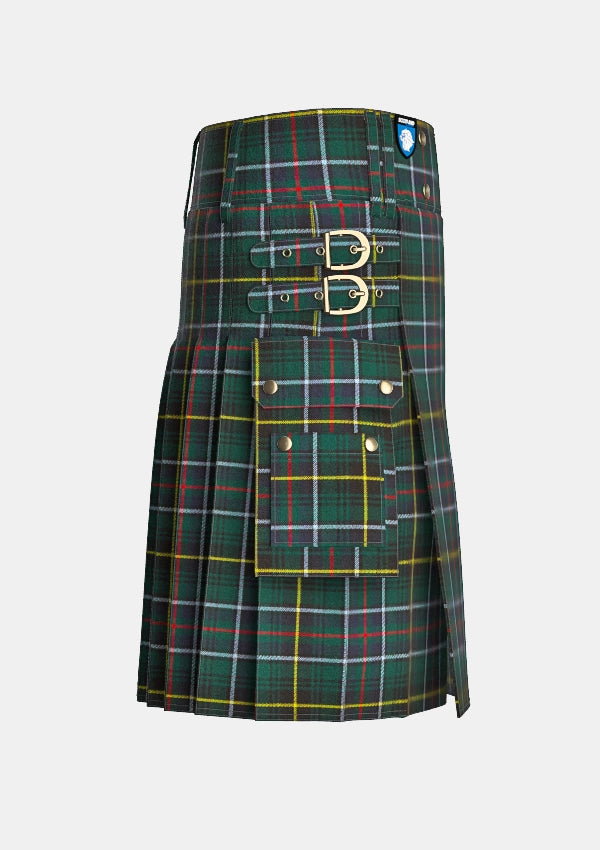 Utility_MacInnes_Hunting_Tartan_kilt_right_image_with_pleated_design_and_adjustable_buckles_for_men