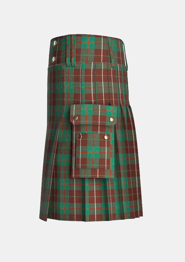 Utility_MacKinnon_Hunting_Tartan_kilt_left_image_with_pleated_design_and_adjustable_buckles_for_men
