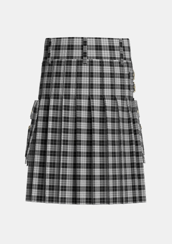 Utility_MacLeod_1906_Black_White_Tartan_1828_kilt_back_image_with_pleated_design_and_adjustable_buckles_for_men