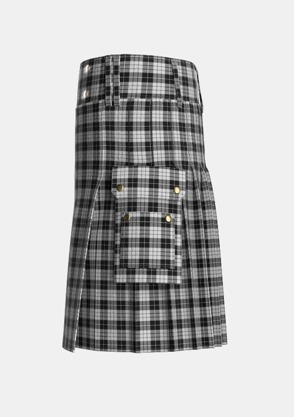 Utility_MacLeod_1906_Black_White_Tartan_1828_kilt_left_image_with_pleated_design_and_adjustable_buckles_for_men